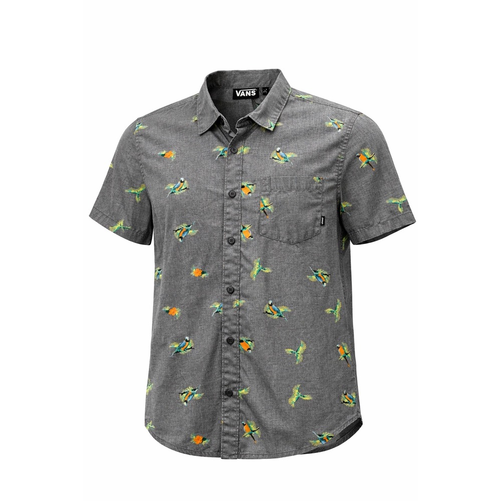 Vans Short Sleeve Button Up Shirt Mens Small Gray Bird Print Casual